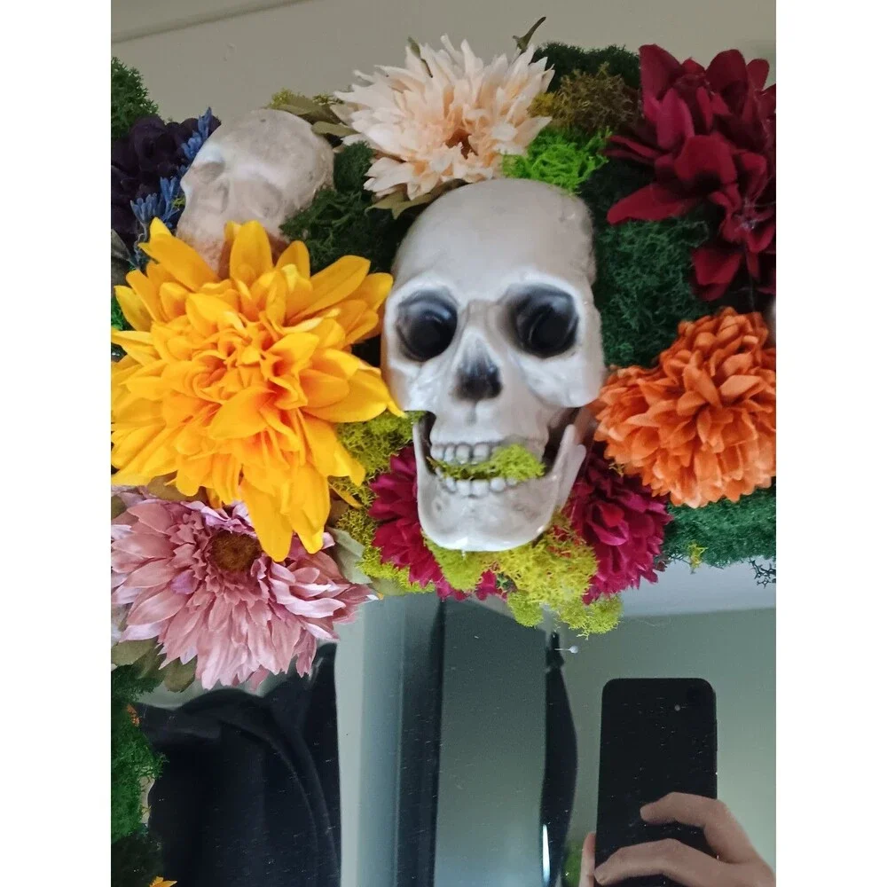 Skull & Flower Decor Mirror Frame Wall Hanging with Multiple Skulls